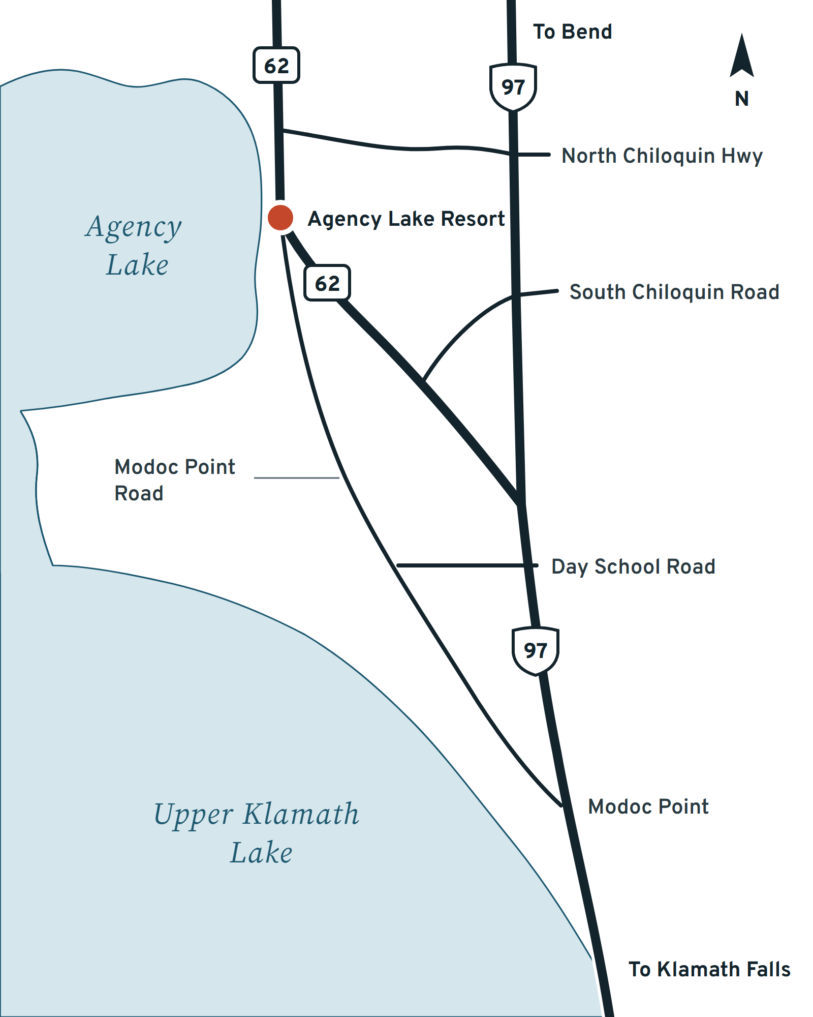 Map showing Agency Lake Resort on Modoc Point Road between Highway 62 and Highway 97