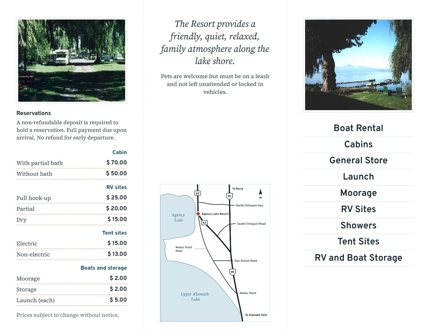 Inside of the printable brochure with rates, map and services